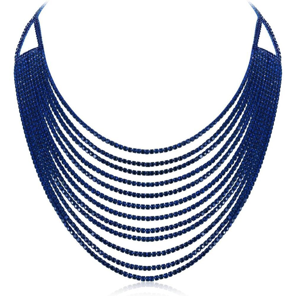 🆕 Women Blue Multi Layered Chunky Collar Necklace Glitter Rhinestone Jewelry
